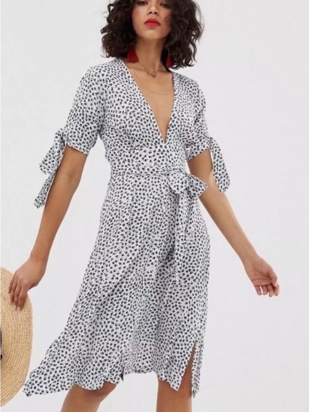 Faithfull the Brand White and Black Floral Wrap Midi Dress
